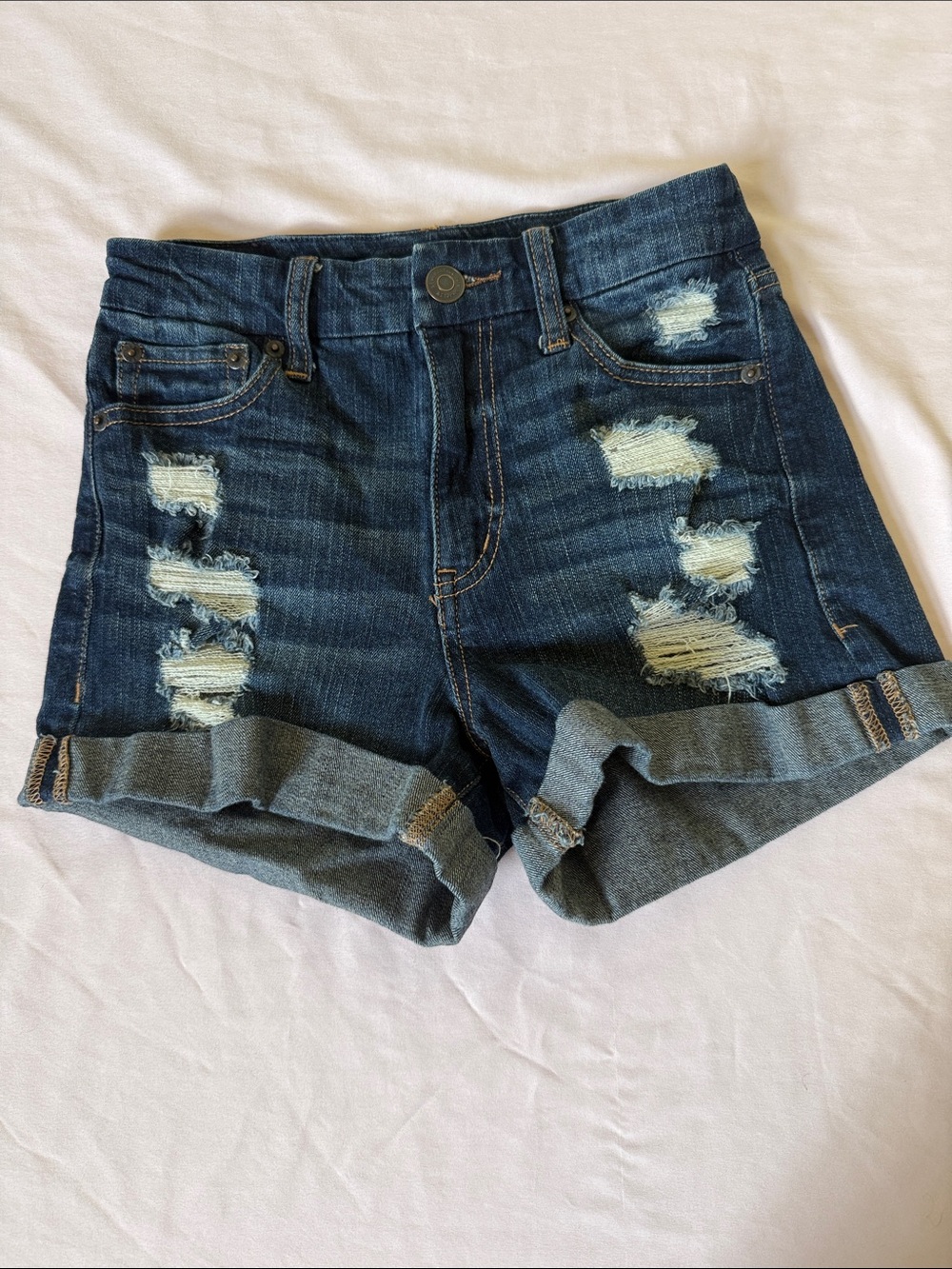 Aeropostale High Rise Curvy Dark Blue Distressed Denim Roll-Cuff Women's Shorts